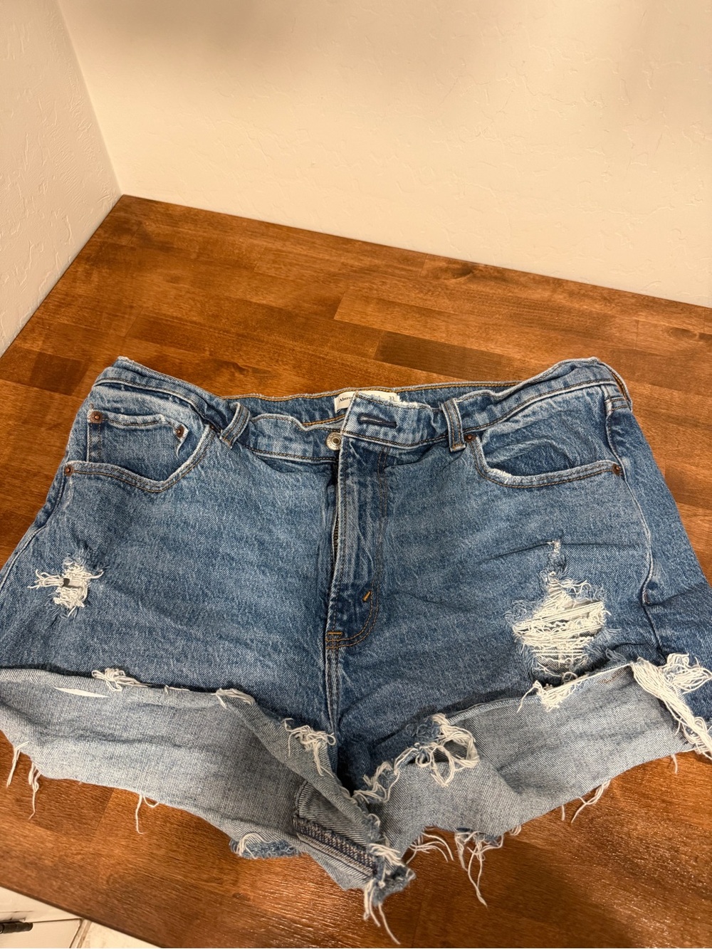 Abercrombie Distressed High-Rise Denim Shorts - Blue